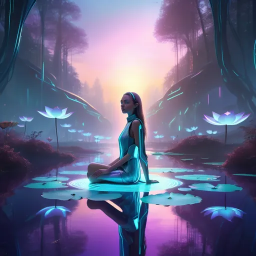 Prompt: Tall young woman walking down the high street, detailed clothing, realistic, natural lighting
A futuristic scene in a mystical forest at sunset, where a girl is sitting peacefully on a metallic, glowing lotus flower floating on a transparent lake. The girl has a futuristic design with details on her clothing that glow in neon tones (blue, violet, and cyan). Her eyes emit a soft white light, and her hair floats slightly as if in zero gravity. The lake reflects the light from the lotus and small floating drones shaped like fireflies, illuminating the surroundings. Around her, trees with metallic trunks and holographic leaves gently shimmer, while a futuristic aurora shines in the sky. The style should be digital, with precise details, vibrant colors, and an ethereal, high-tech atmosphere


(She is under the bridge, emo, blue hair, dancing and spinning and having fun with around 30 other emo kids whom are skateboarding and graffiting)
