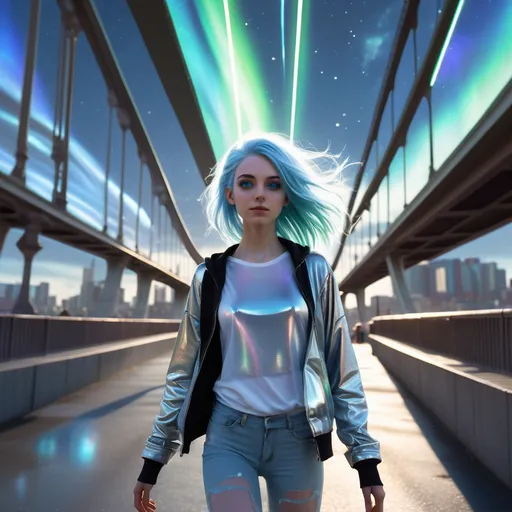 Prompt: Tall young woman walking down the high street, detailed clothing, realistic, natural lighting
 Her eyes emit a soft white light, and her hair floats slightly as if in zero gravity. . Around her, a city with metallic reflections and holographic windows reflecting in the background,  while a futuristic aurora shines in the sky. (She is under the bridge, emo, blue hair, dancing and spinning and having fun with around 30 other emo kids whom are skateboarding and graffiting)
The style should be digital, with precise details, vibrant colors, and an ethereal, high-tech atmosphere


