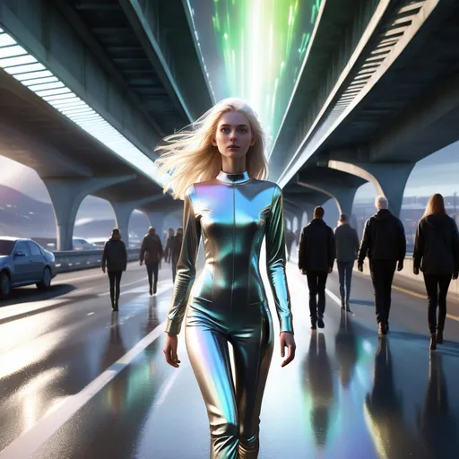 Prompt: Tall young woman walking down the high street, detailed clothing, realistic, natural lighting
 Her eyes emit a soft white light, and her hair floats slightly as if in zero gravity. . Around her, she is under a highway bridge with 20 others with metallic reflections and holographic windows reflecting in the background,  while a futuristic aurora shines in the sky. She is under the bridge, emo, blue hair, dancing and spinning and having fun with around 30 other emo kids whom are skateboarding and graffiting and having a party
The style should be digital, with precise details, vibrant colors, and an ethereal, high-tech atmosphere


