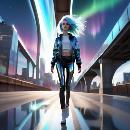 Prompt: Tall young woman walking down the high street, detailed clothing, realistic, natural lighting
 Her eyes emit a soft white light, and her hair floats slightly as if in zero gravity. . Around her, a city with metallic reflections and holographic windows reflecting in the background,  while a futuristic aurora shines in the sky. She is under the bridge, emo, blue hair, dancing and spinning and having fun with around 30 other emo kids whom are skateboarding and graffiting
The style should be digital, with precise details, vibrant colors, and an ethereal, high-tech atmosphere


