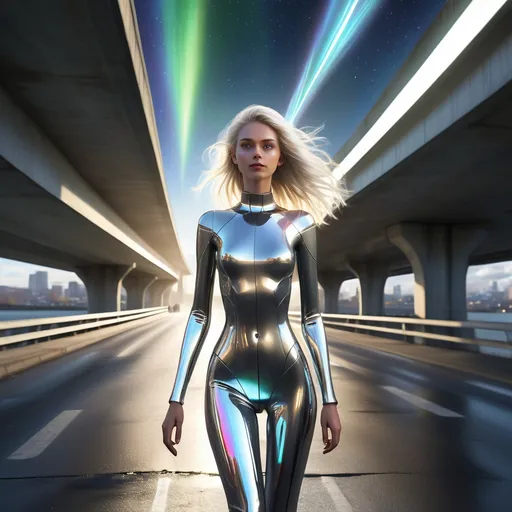 Prompt: Tall young woman walking down the high street, detailed clothing, realistic, natural lighting
 Her eyes emit a soft white light, and her hair floats slightly as if in zero gravity. . Around her, she is under a highway bridge with 20 others with metallic reflections and holographic windows reflecting in the background,  while a futuristic aurora shines in the sky. She is under the bridge, emo, blue hair, dancing and spinning and having fun with around 30 other emo kids whom are skateboarding and graffiting and having a party

I need to see her on a skateboard, skateboarding with others whom are doing the same



The style should be digital, with precise details, vibrant colors, and an ethereal, high-tech atmosphere


