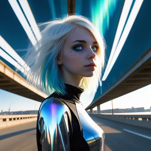 Prompt: Tall young woman , detailed emo clothing, realistic, natural lighting
 Her eyes emit a soft white light, and her hair floats slightly as if in zero gravity. . Around her, she is under a highway bridge with 20 others with metallic reflections and holographic windows reflecting in the background,  while a futuristic aurora shines in the sky. She is under the bridge, emo, blue hair, dancing and spinning and having fun with around 30 other emo kids whom are skateboarding and graffiting and having a party

I need to see her on a skateboard, skateboarding with others whom are doing the same



The style should be digital, with precise details, vibrant colors, and an ethereal, high-tech atmosphere



