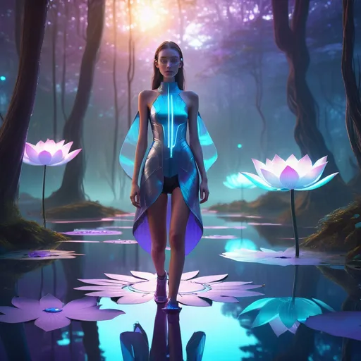 Prompt: Tall young woman walking down the high street, detailed clothing, realistic, natural lighting
A futuristic scene in a mystical forest at sunset, where a girl is sitting peacefully on a metallic, glowing lotus flower floating on a transparent lake. The girl has a futuristic design with details on her clothing that glow in neon tones (blue, violet, and cyan). Her eyes emit a soft white light, and her hair floats slightly as if in zero gravity. . Around her, a city with metallic reflections and holographic windows reflecting in the background,  while a futuristic aurora shines in the sky. (She is under the bridge, emo, blue hair, dancing and spinning and having fun with around 30 other emo kids whom are skateboarding and graffiting)
The style should be digital, with precise details, vibrant colors, and an ethereal, high-tech atmosphere


