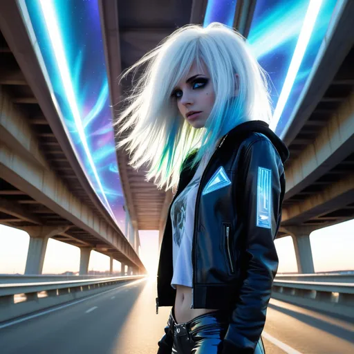 Prompt: Tall young woman , detailed emo clothing, realistic, natural lighting
 Her eyes emit a soft white light, and her hair floats slightly as if in zero gravity. . Around her, she is under a highway bridge with 20 others with metallic reflections and holographic windows reflecting in the background,  while a futuristic aurora shines in the sky. She is under the bridge, emo, blue hair, dancing and spinning and having fun with around 30 other emo kids whom are skateboarding and graffiting and having a party

I need to see her on a skateboard, skateboarding with others whom are doing the same



The style should be digital, with precise details, vibrant colors, and an ethereal, high-tech atmosphere


