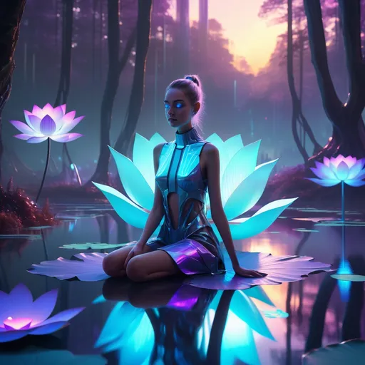 Prompt: Tall young woman walking down the high street, detailed clothing, realistic, natural lighting
A futuristic scene in a mystical forest at sunset, where a girl is sitting peacefully on a metallic, glowing lotus flower floating on a transparent lake. The girl has a futuristic design with details on her clothing that glow in neon tones (blue, violet, and cyan). Her eyes emit a soft white light, and her hair floats slightly as if in zero gravity. . Around her, a city with metallic reflections and holographic windows reflecting in the background,  while a futuristic aurora shines in the sky. (She is under the bridge, emo, blue hair, dancing and spinning and having fun with around 30 other emo kids whom are skateboarding and graffiting)
The style should be digital, with precise details, vibrant colors, and an ethereal, high-tech atmosphere


