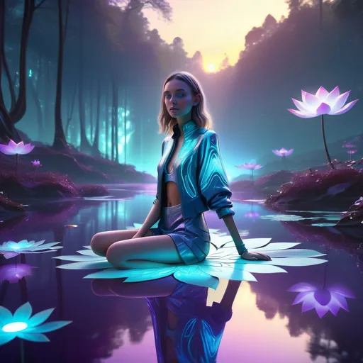 Prompt: Tall young woman walking down the high street, detailed clothing, realistic, natural lighting
A futuristic scene in a mystical forest at sunset, where a girl is sitting peacefully on a metallic, glowing lotus flower floating on a transparent lake. The girl has a futuristic design with details on her clothing that glow in neon tones (blue, violet, and cyan). Her eyes emit a soft white light, and her hair floats slightly as if in zero gravity. The lake reflects the light from the lotus and small floating drones shaped like fireflies, illuminating the surroundings. Around her, trees with metallic trunks and holographic leaves gently shimmer, while a futuristic aurora shines in the sky. The style should be digital, with precise details, vibrant colors, and an ethereal, high-tech atmosphere


(She is under the bridge, emo, blue hair, dancing and spinning and having fun with around 30 other emo kids whom are skateboarding and graffiting)
