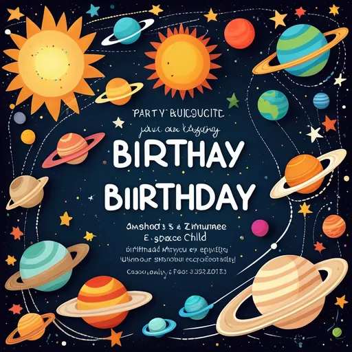 Prompt: (accurately spelled text "Birthday Party Invitation"), vibrant solar system background, cosmic stars and planets, (colorful) whimsical design, joyful atmosphere, playful fonts, inviting and cheerful elements, space-themed decorations, thoughtful details representing exploration, high quality, clear and engaging visuals to captivate a child's imagination.