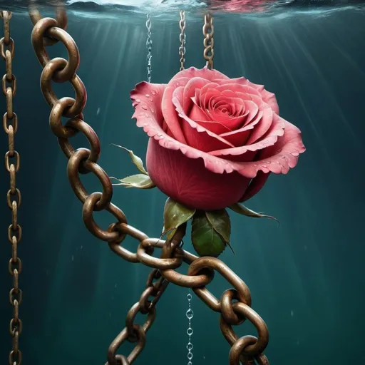 Prompt: a rose weighed down by a chain in under the water more realistic