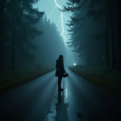 Prompt: A cinematic scene at night in a dense, stormy forest. Lightning illuminates a desolate road slick with rain. A lone woman in a dark raincoat stands in the center, clutching an old, flickering radio. Her breath is visible in the cold air. The forest around her is shadowy and ominous, with faint glimpses of a handprint on fogged glass and a ghostly figure darting between trees. In the distance, a weathered metal bunker door is half-open, glowing faintly from within. The overall atmosphere is eerie, suspenseful, and filled with tension, in the style of a dark mystery thriller film. Cinematic lighting, dramatic contrast, wide-angle lens.