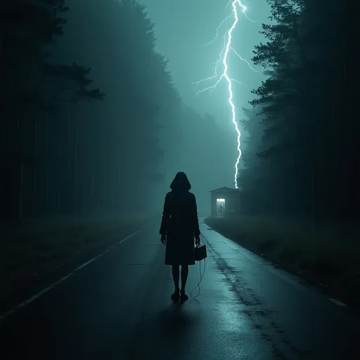 Prompt: A cinematic scene at night in a dense, stormy forest. Lightning illuminates a desolate road slick with rain. A lone woman in a dark raincoat stands in the center, clutching an old, flickering radio. Her breath is visible in the cold air. The forest around her is shadowy and ominous, with faint glimpses of a handprint on fogged glass and a ghostly figure darting between trees. In the distance, a weathered metal bunker door is half-open, glowing faintly from within. The overall atmosphere is eerie, suspenseful, and filled with tension, in the style of a dark mystery thriller film. Cinematic lighting, dramatic contrast, wide-angle lens.