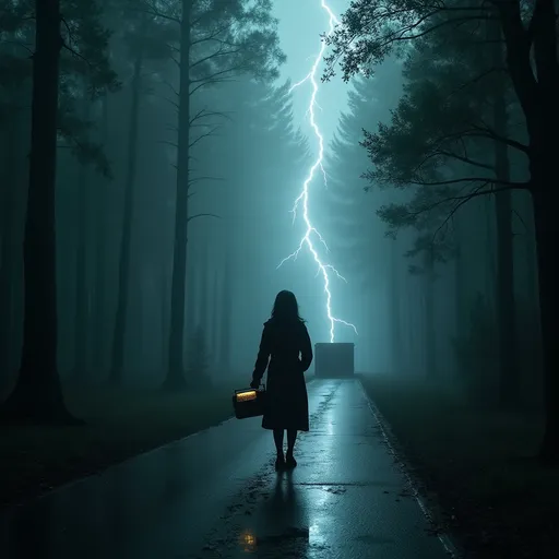 Prompt: A cinematic scene at night in a dense, stormy forest. Lightning illuminates a desolate road slick with rain. A lone woman in a dark raincoat stands in the center, clutching an old, flickering radio. Her breath is visible in the cold air. The forest around her is shadowy and ominous, with faint glimpses of a handprint on fogged glass and a ghostly figure darting between trees. In the distance, a weathered metal bunker door is half-open, glowing faintly from within. The overall atmosphere is eerie, suspenseful, and filled with tension, in the style of a dark mystery thriller film. Cinematic lighting, dramatic contrast, wide-angle lens.