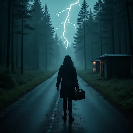 Prompt: A cinematic scene at night in a dense, stormy forest. Lightning illuminates a desolate road slick with rain. A lone woman in a dark raincoat stands in the center, clutching an old, flickering radio. Her breath is visible in the cold air. The forest around her is shadowy and ominous, with faint glimpses of a handprint on fogged glass and a ghostly figure darting between trees. In the distance, a weathered metal bunker door is half-open, glowing faintly from within. The overall atmosphere is eerie, suspenseful, and filled with tension, in the style of a dark mystery thriller film. Cinematic lighting, dramatic contrast, wide-angle lens.