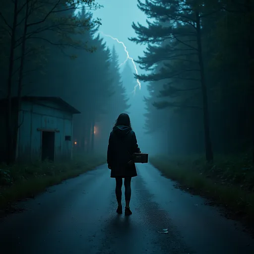 Prompt: A cinematic scene at night in a dense, stormy forest. Lightning illuminates a desolate road slick with rain. A lone woman in a dark raincoat stands in the center, clutching an old, flickering radio. Her breath is visible in the cold air. The forest around her is shadowy and ominous, with faint glimpses of a handprint on fogged glass and a ghostly figure darting between trees. In the distance, a weathered metal bunker door is half-open, glowing faintly from within. The overall atmosphere is eerie, suspenseful, and filled with tension, in the style of a dark mystery thriller film. Cinematic lighting, dramatic contrast, wide-angle lens.