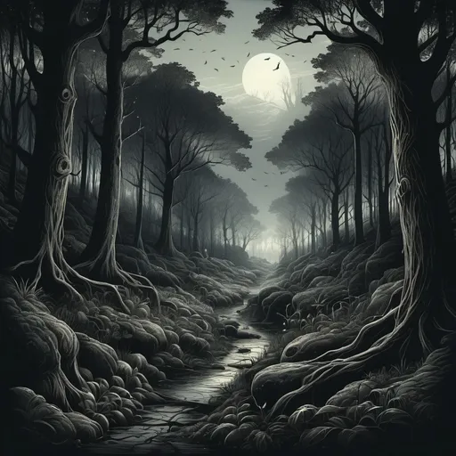 Prompt: Une paysage forestier en style Dark Fantasy et gravure
