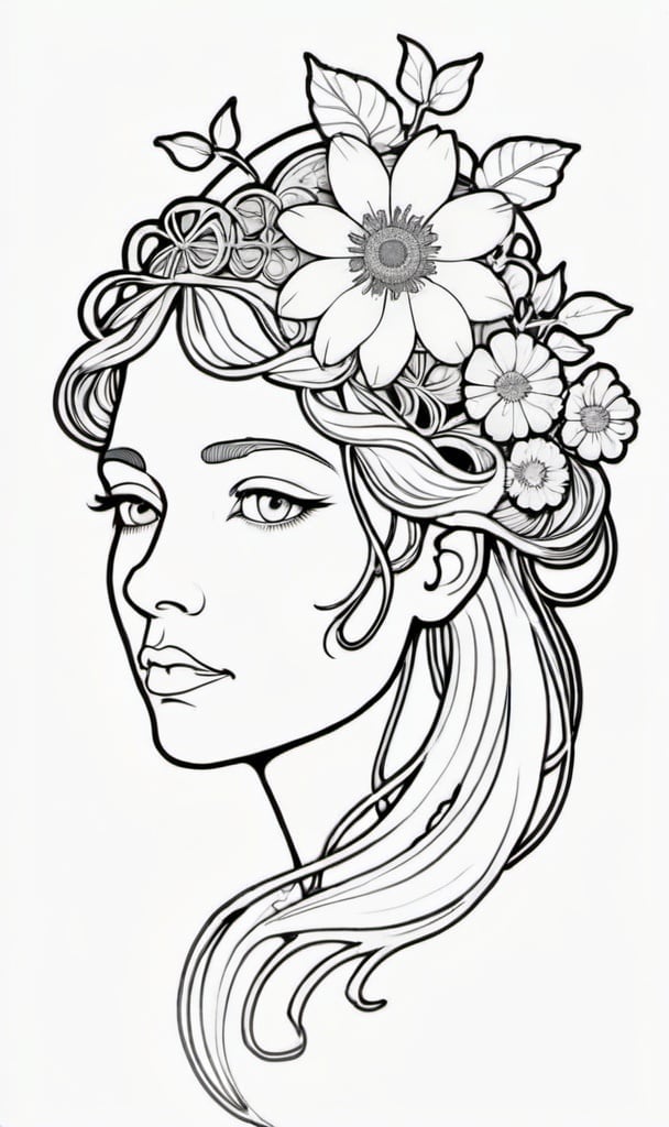 Prompt: a woman's face with flowers on her head and a flower in her hair, with a flower in her hair, Araceli Gilbert, art nouveau, intricate linework, lineart