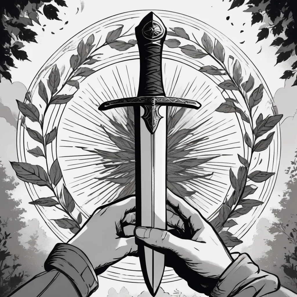 Prompt: a hand holding a sword over a circle of leaves and a sun with a halo above it, with a hand holding a sword, Daryush Shokof, symbolism, sharp foccus ilustration, concept art