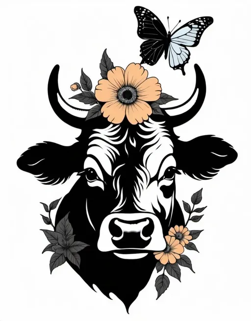 Prompt: a bull with flowers and a butterfly on it's head, in a black and white drawing style, Claire Hummel, aestheticism, detailed illustration, a tattoo