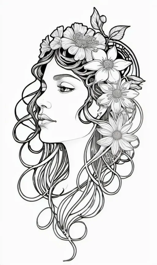 Prompt: a woman's face with flowers on her head and a flower in her hair, with a flower in her hair, Araceli Gilbert, art nouveau, intricate linework, lineart