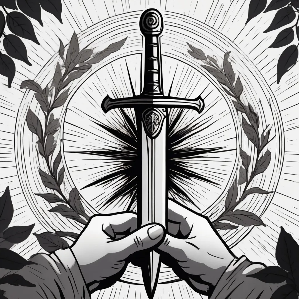 Prompt: a hand holding a sword over a circle of leaves and a sun with a halo above it, with a hand holding a sword, Daryush Shokof, symbolism, sharp foccus ilustration, concept art