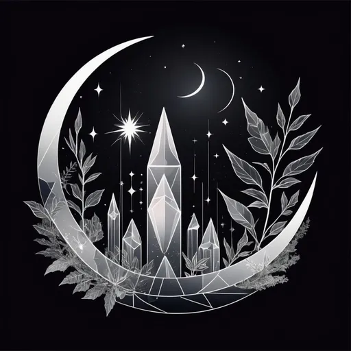 Prompt: surreal, minimalist line art illustration of a crystalline structure, surrounded by abstract foliage and celestial elements.central geometric crystal form with sharp angles and facets, outline, Occult, abstract design, monochrome, art, witchcraft, night sky backdrop with a crescent moon and twinkling stars, white background, abstract plants, abstract flower,plant-like shapes and leafs frame the crystal, adding an organic, natural element to the abstract, light reflected crystal, leaf, beautiful simple background, lineart, illustration, sparkle, minimalist lineart , detailed mystical, crescent moon, clean, monochrome, mysticism and wonder. high-quality, digital illustration style. esoteric, small, simple, stars, glowing, hand illustrations, linear, abstract grafic, logo poster, outline, modern, geometric, background grafic, 