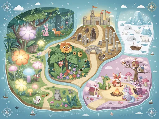 Prompt: An adventure map for young explorers to explore different areas such as 
- The Magical Jungle
- The Buzzing Jungle
- The Ancient Kingdom
- The Arctic Adventure
- Magical Friends

Don’t need to label the areas with names
Make the areas stand out more on the map