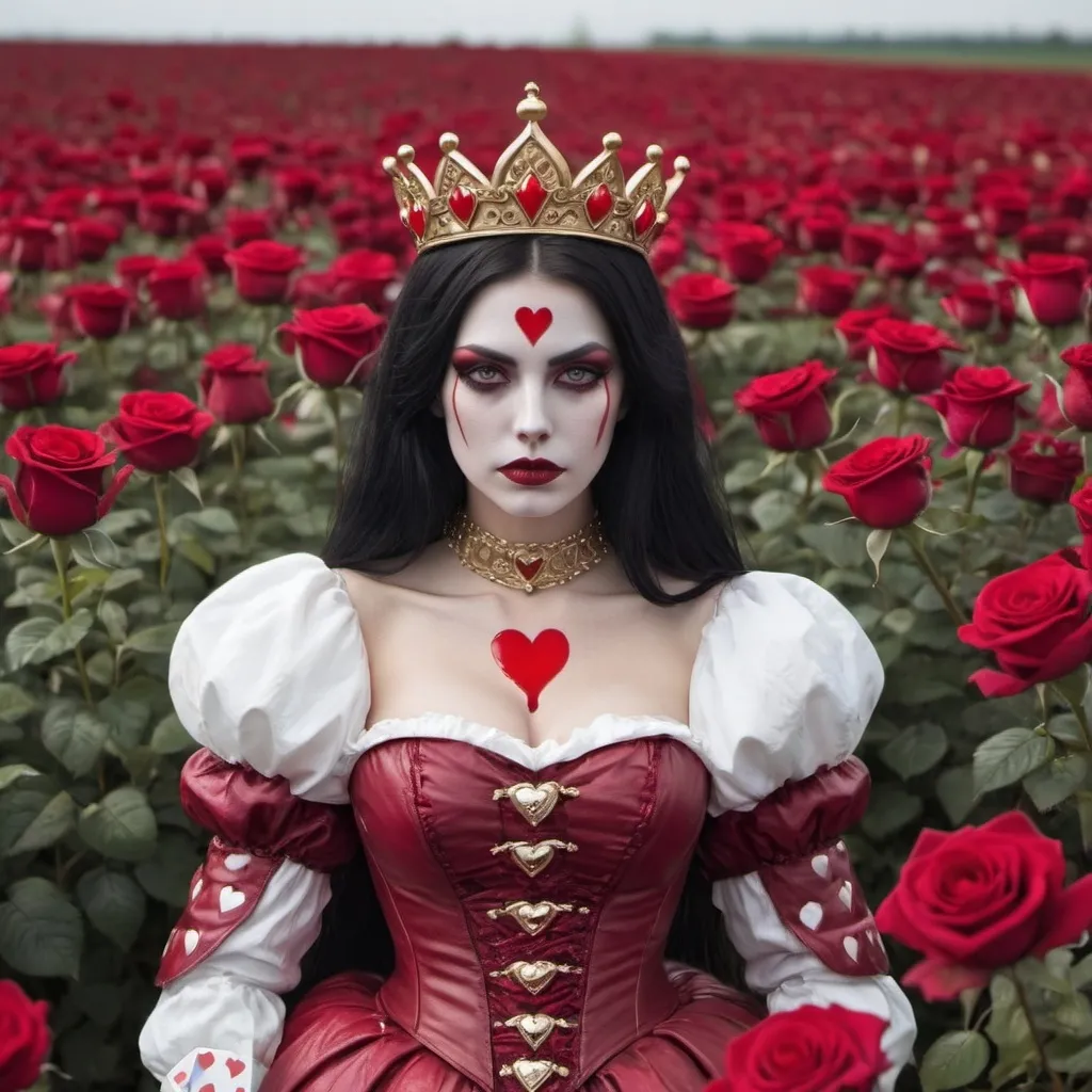 Prompt: blood queen of hearts in a field of roses