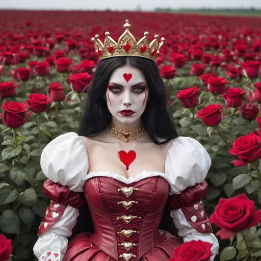 Prompt: blood queen of hearts in a field of roses