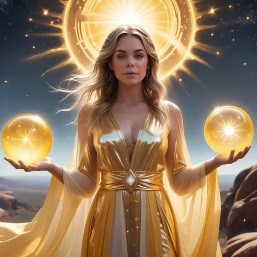 Prompt: Gabbie Carter as a (solar mage), wearing (ethereal translucent robes) that shimmer in hues of gold and yellow, surrounded by radiant sunlight and magical sparkles. The background features a celestial landscape with glowing orbs and swirling skies, creating a (magical) ambiance. The overall mood is (enchanting) and (vibrant), capturing the essence of a powerful mage. High quality, ultra-detailed.