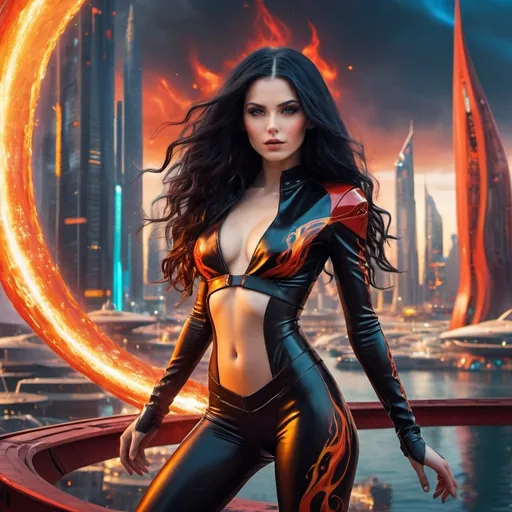 Prompt: lady Firemage Alice in a (futuristic) tight, skimpy sci-fi outfit, (long black wavy hair) flowing dramatically, surrounded by sparkling flames, vibrant colors of red and orange infusing the atmosphere, captivating gaze filled with intensity, bold and powerful stance, sci-fi city skyline in the background, (ultra-detailed) and (high quality) visual. standing on a starship at dock