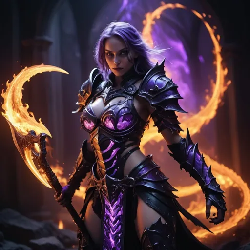 Prompt: (female death knight in skimpy obsidian armor), wielding a dragon scythe, shimmering in purple fire, (intense glow), (dynamic pose), mystical background with swirling flames, (high detail), dramatic lighting illuminating the hero, epic atmosphere, powerful vibes, (4K), (cinematic masterpiece), captivating fire effects, swirling shadows adding depth.