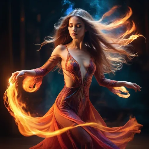 Prompt: woman mage dancer in motion, (ethereal and enchanting), sheer bodysuit, (long flowing hair), flames swirling around, dynamic movement, (vibrant fiery colors) illuminating the scene, magical aura, (highly detailed) expressions of grace and power, background of flickering firelight, dramatic lighting, (4K resolution), mesmerizing ambiance, fantasy art style.