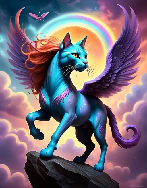 Prompt: (Anne Stokes) vibrant, centaur, whimsical cat, wings, mane, soaring through a dreamy sky, enchanting ambiance, feline face, horn on head, illustrations with high detail, (artistic style: sots art, concept art), captivating gamma effect, ultra-detailed, colorful, fantasy-filled scene, creating a sense of wonder and adventure.