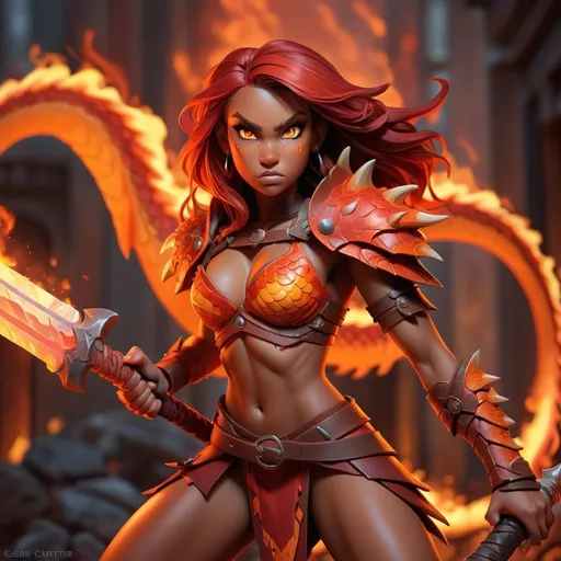 Prompt: (Gabbie Carter as a fire dragon barbarian), fierce expression, striking red and orange scales, intricate warrior armor with fiery accents, wielding a blazing sword, intense flames surrounding her, smoky background, epic lighting, high fantasy atmosphere, (ultra-detailed), strong and empowered pose, dramatic shadows, glowing embers, vibrant color palette, fantasy artwork.