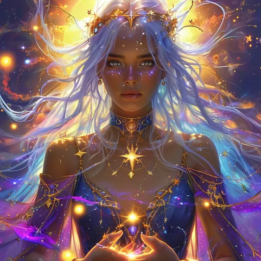 Prompt: (sunfire mage woman), (ethereal magic), flowing robes adorned with celestial patterns, vivid colors of deep purple and shimmering gold, starlit sky in the background, vibrant cosmic energy swirling around her hands, strong yet graceful pose, surrounded by floating orbs of light, mystical ambiance, enchanting atmosphere, high detail, 4K, ultra-detailed artwork.