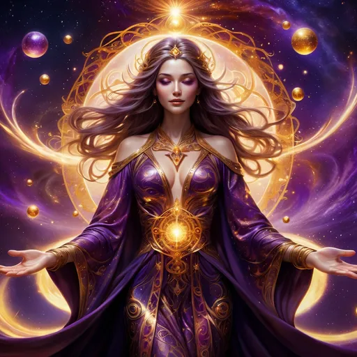 Prompt: (sunfire mage woman), (ethereal magic), flowing robes adorned with celestial patterns, vivid colors of deep purple and shimmering gold, starlit sky in the background, vibrant cosmic energy swirling around her hands, strong yet graceful pose, surrounded by floating orbs of light, mystical ambiance, enchanting atmosphere, high detail, 4K, ultra-detailed artwork.