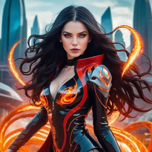 Prompt: lady Firemage Alice in a (futuristic) tight sci-fi outfit, (long black wavy hair) flowing dramatically, surrounded by sparkling flames, vibrant colors of red and orange infusing the atmosphere, captivating gaze filled with intensity, bold and powerful stance, sci-fi city skyline in the background, (ultra-detailed) and (high quality) visual.