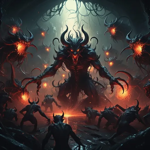 Prompt: amazing (swarm of devils with glowing eyes), (swirling elements) highly detailed, dynamic poses, (dark fantasy), vibrant colors, cinematic shadows, intense atmosphere, mysterious ambiance, intricate backgrounds showcasing chaotic environments, (concept art), ultra-detailed, evoking dread and thrill, emphasizing ferocious features and eerie expressions.