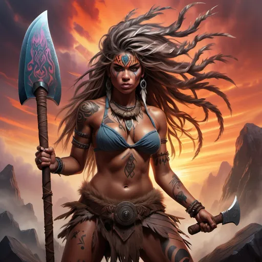 Prompt: (Gabbie Carter as a mystic barbarian), fierce and powerful pose,  adorned with tribal tattoos, intricately detailed axe in hand, wild winds whipping hair, dramatic sunset in the background, vibrant colors blending with deep shadows, high-quality, ultra-detailed fantasy illustration, intense energy and strength, surrounded by an ethereal mist.