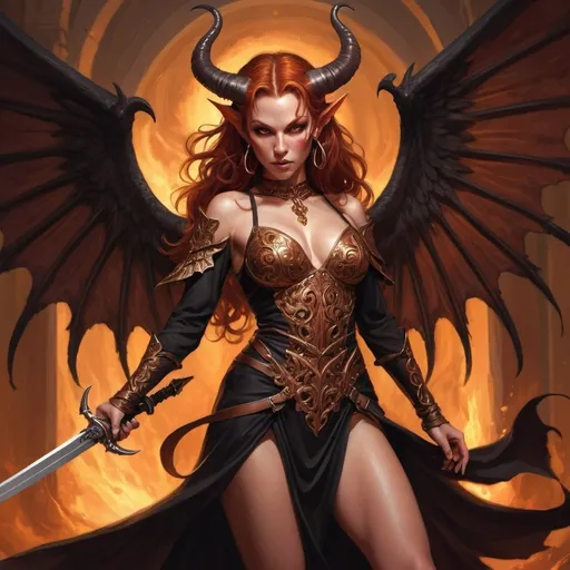 Prompt: Reddish fantasy illustration of a female tiefling sword witch, coppery hair, large wings, black horns, wielding a sword, loose flowing mini dress, high quality, detailed, fantasy, dynamic pose, fiery gold tones, dramatic lighting, intricate details, fantasy art, majestic wings, merthfull gaze