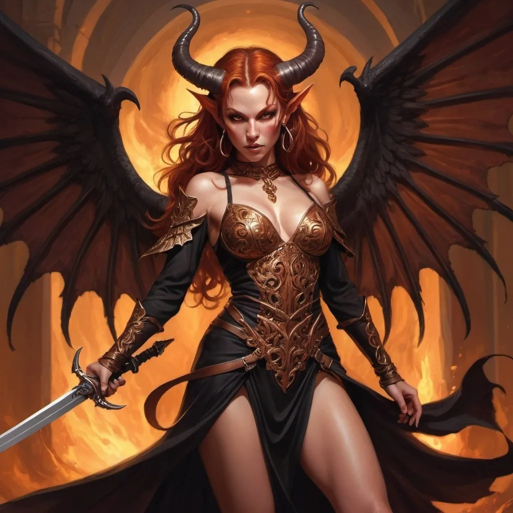 Prompt: Reddish fantasy illustration of a female tiefling sword witch, coppery hair, large wings, black horns, wielding a sword, loose flowing mini dress, high quality, detailed, fantasy, dynamic pose, fiery gold tones, dramatic lighting, intricate details, fantasy art, majestic wings, merthfull gaze