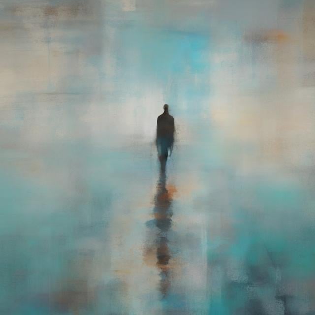 Prompt: a man walking on the lake abstract painting
