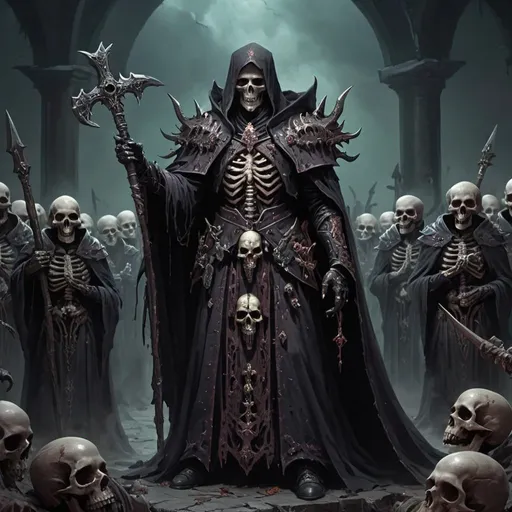 Prompt: dark necromancer in robe and armor with army of dead