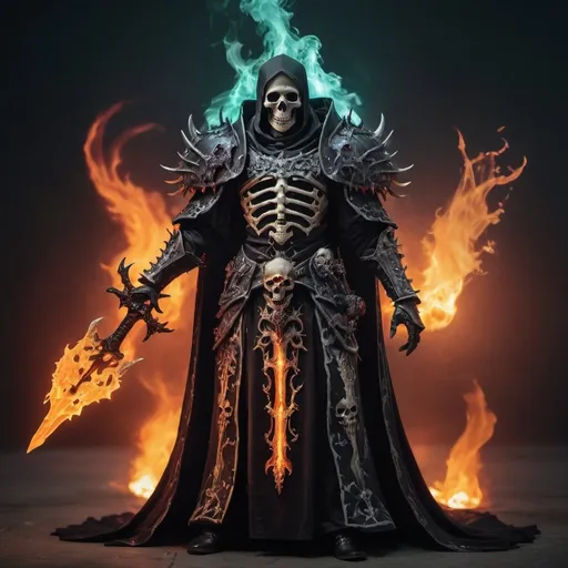Prompt: dark necromancer in robe and armor with army of dead with glowing magic or flames