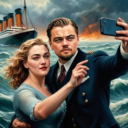 Prompt: Leonardo DiCaprio and Kate Winslet taking a selfie from the sea, sinking Titanic in the background, realistic oil painting, detailed waves, emotional expression, dramatic lighting, vintage color tones, nostalgic atmosphere, 4k resolution, ultra-detailed, realistic, oil painting, vintage, emotional expressions, sinking ship, detailed waves, dramatic lighting, nostalgic atmosphere