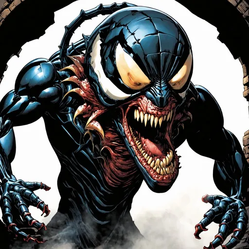 Prompt: symbiote creature Marvel comics,Epic horror illustration of a monstrous creature, half human half robot, dark and gritty texture, sinister underground setting, intimidating presence, grotesque features, eerie and haunting atmosphere, high quality, detailed 