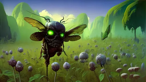 Prompt: Digital Art, verdant, green field, beadle wings, meadow, surrealistic, skull face, India, bright, insect eyes, neon glow, surreal art, low angle, majestic, by Frank Frazetta, Diane Dillon, Jeff Jones, Salvador Dali