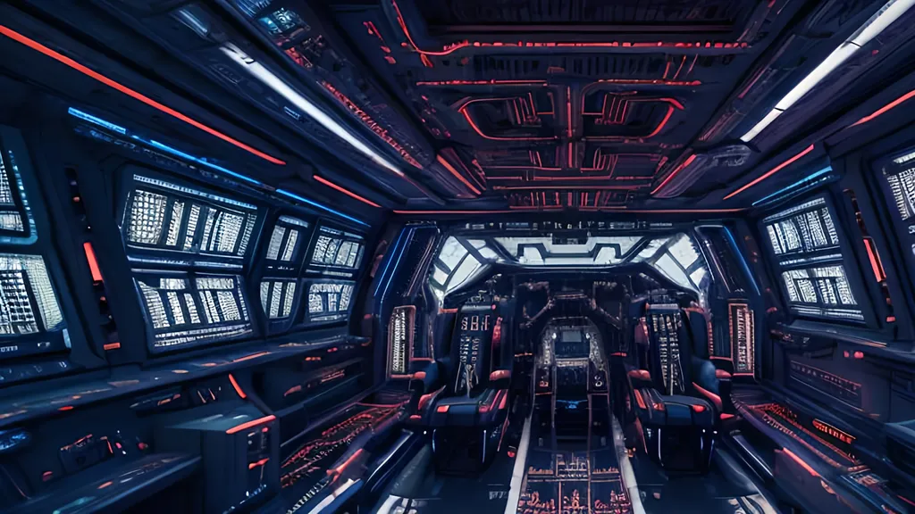 Prompt: photo, interior {futuristic space ship} harsh lighting, lights, hallway, glow, control panel, dials, 8k, intricate, jump seat, window by Umberto Boccioni