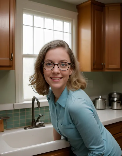 Prompt: a woman with glasses is posing for a picture in a kitchen with a sink and counter top in the background, Arabella Rankin, arabesque, f / 3 2, a picture