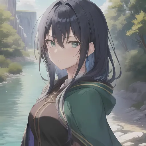 Prompt: Older girl, dark blue hair, bright green eyes, dark cloak, river background, anime.