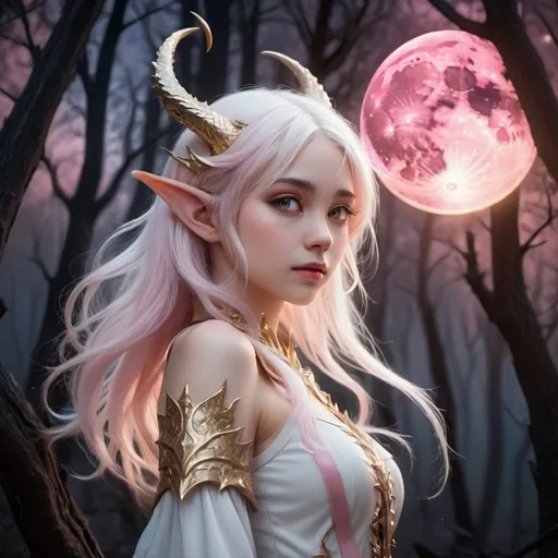 Prompt: Anime elf girl, (side profile) (waist-length white hair), light pink horns, standing in a scorched forest, (night scene), surrounded by tall burnt trees, (celestial background with two glowing moons and twinkling stars), the girl reaches one hand to (sparkling pink and gold dragon) face, atmospheric feel, ethereal and mystical tone, (highly detailed), (vibrant starry sky), intricate and enchanting, fantasy ambiance, (ultra-detailed).